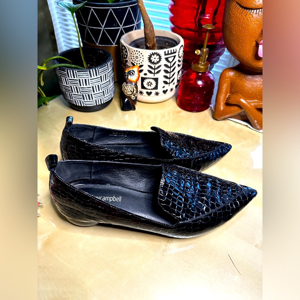 Jeffrey Campbell Black Croc-Embossed Pointed Toe Flats